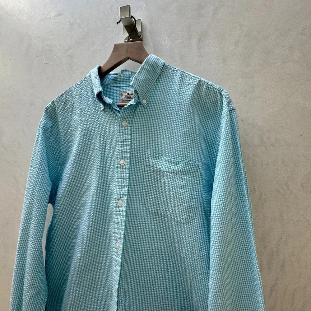 L.L. Bean || Men’s Gingham Ocean Blue White Seersucker Cotton M Tall - Picture 4 of 9